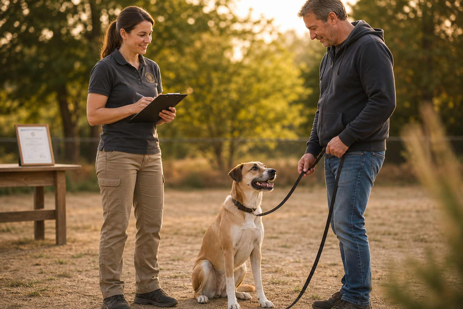 Sachkundenachweis – Hundehalter mit Hund und Trainerin bei der Prüfungsvorbereitung